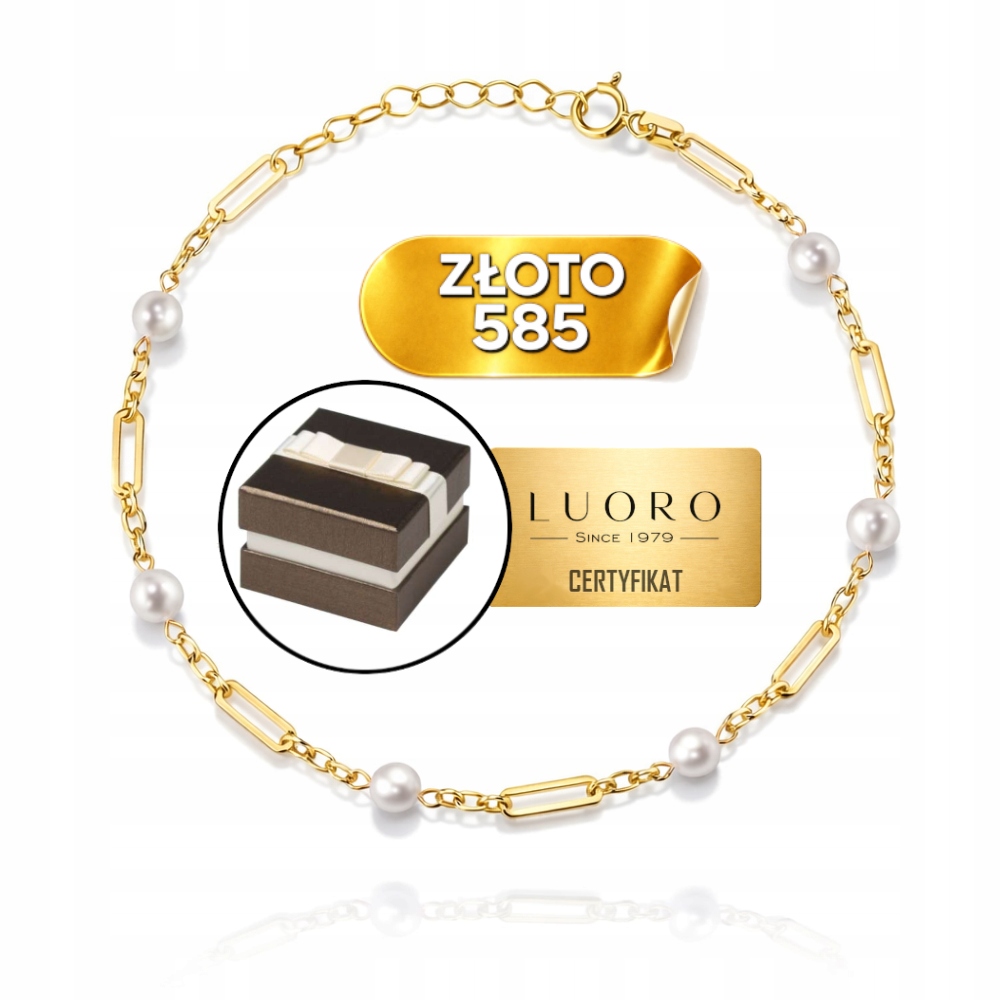 Náramek Zlatý 585 14K Dlouhé Perlové Články 16,5 CM Nastavitelný