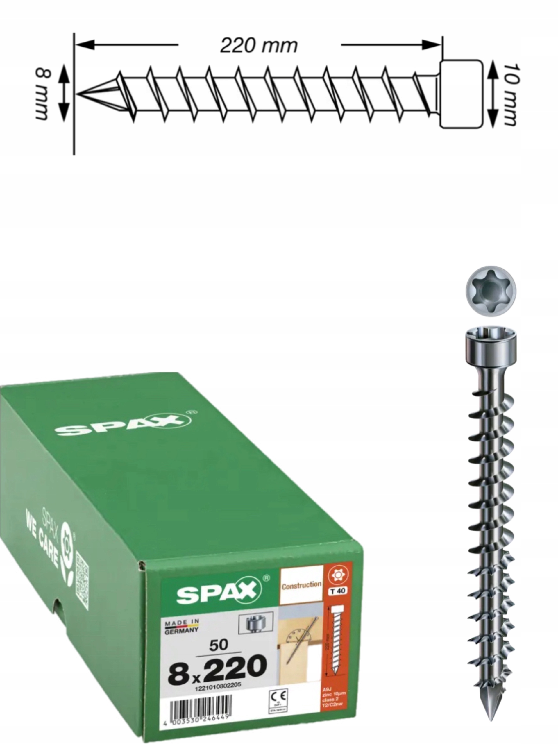 Šrouby Wirox pro konstrukci, plný závit, válec spax 8 x 220 mm, 50 ks
