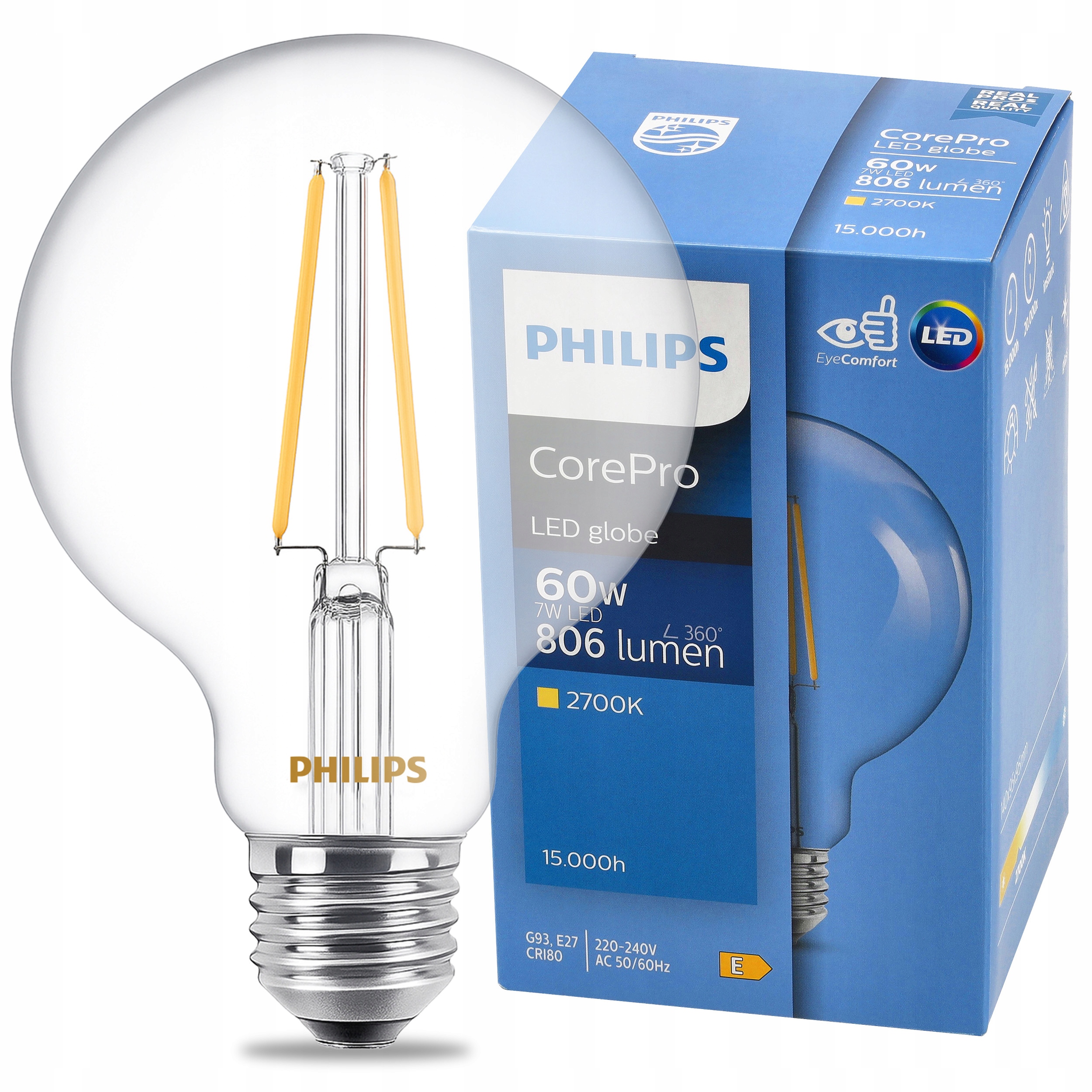 Żarówka LED E27 Filament 7W = 60W 806lm 2700K Ciepła Philips CorePro G93