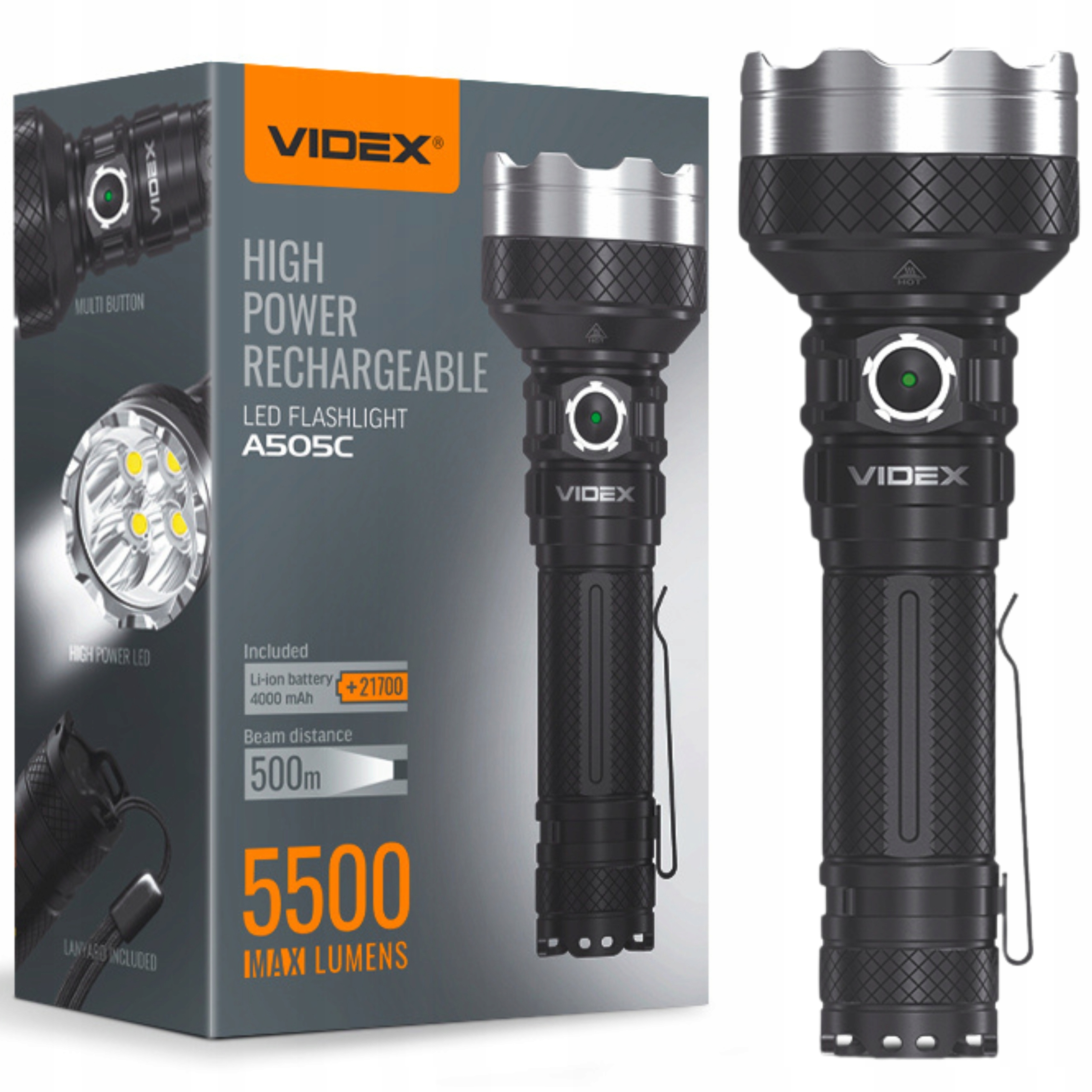 Videx Latarka Led mocna Taktyczna wojskowa Wodoodporna Usb 5500Lm 5000K