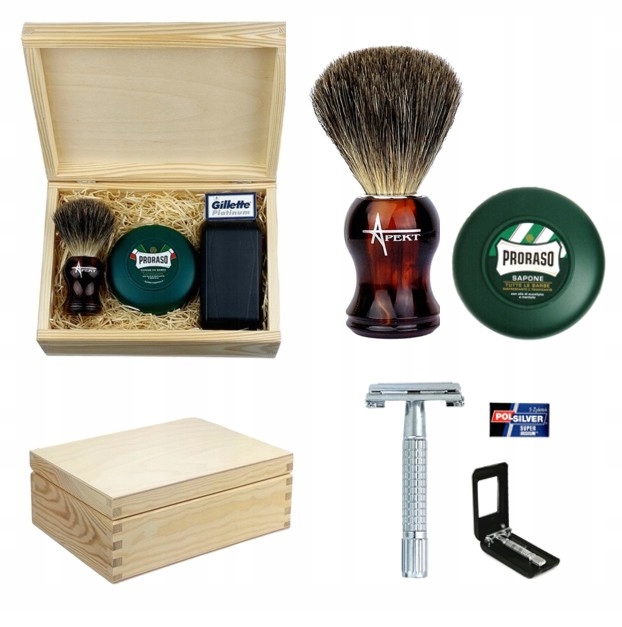 Štětec na holení s jezevčíkem Strojek na žiletky Mýdlo na holení Sada