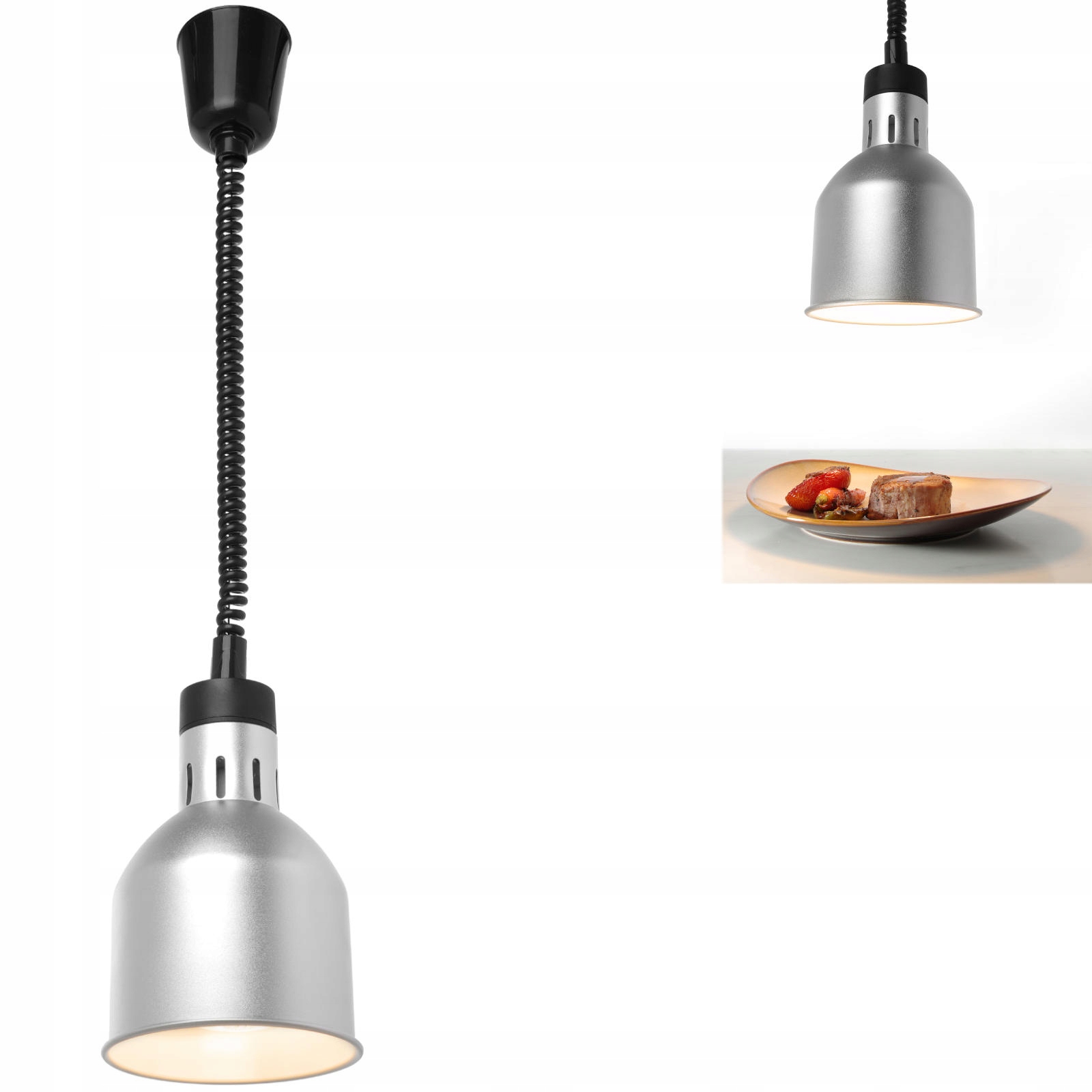 Závěsná Lampa Na Ohřívání Pokrmů Válcová Kuželová 250 W Stříbrná