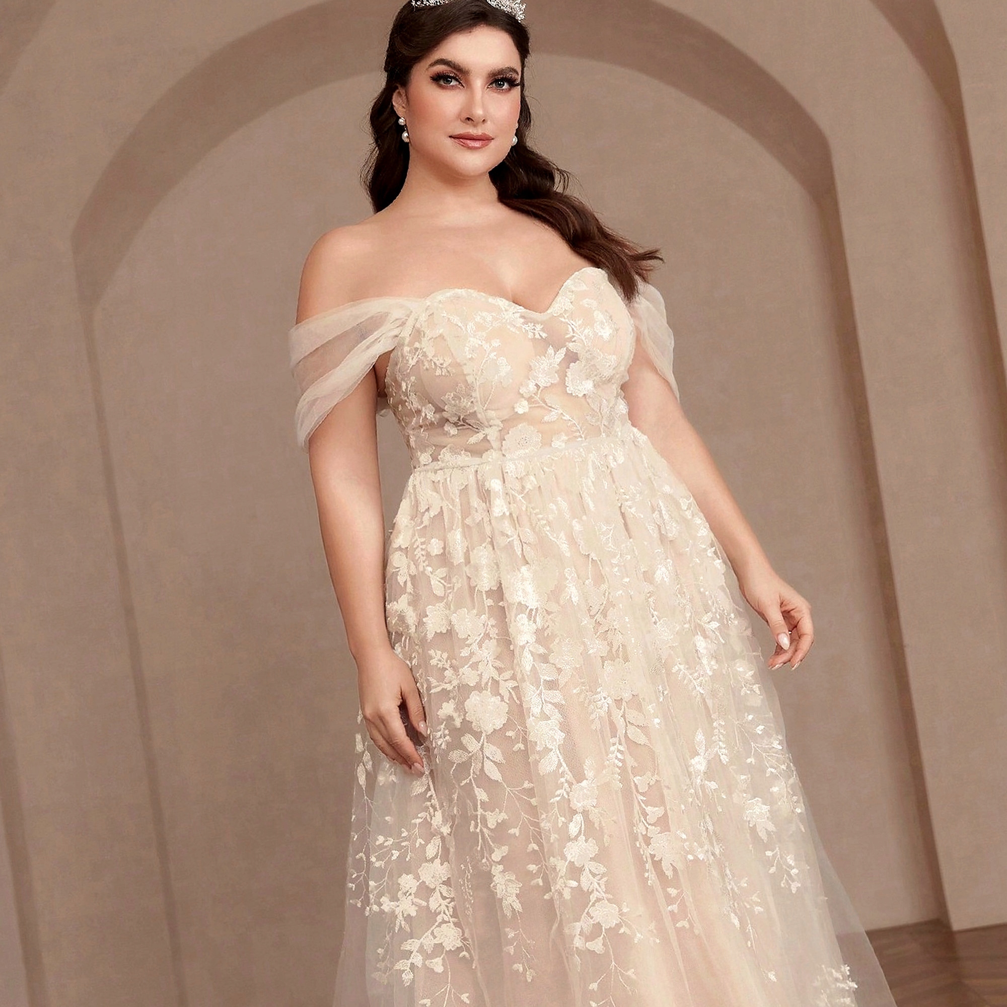 Svatební šaty A-line Zdobené s krytými rameny Písková XXL