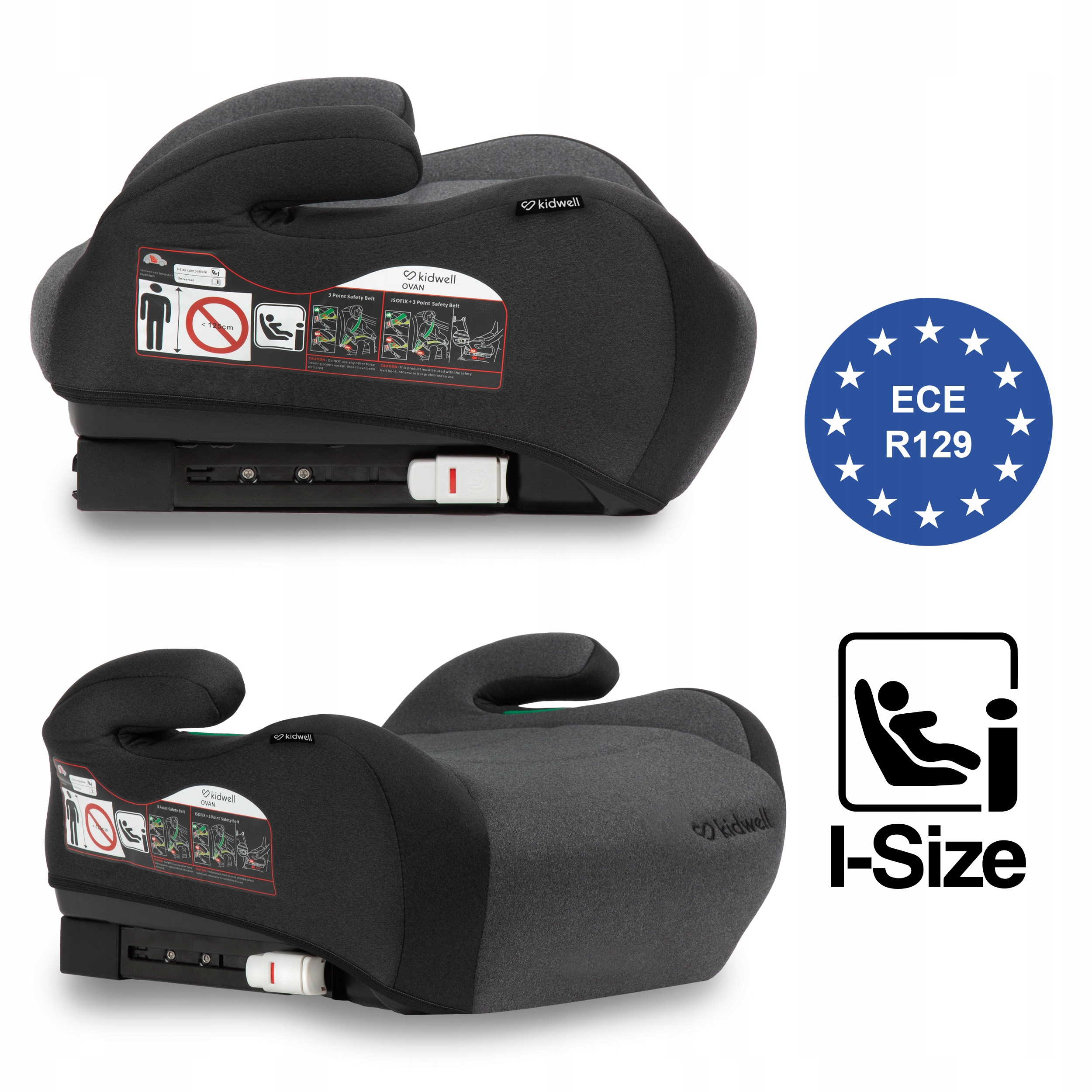 Fotelik samochodowy podstawka Kidwell Ovan I-Size Czarno-Szara 125-150 cm Kolor Czerń Odcienie szarości i srebra