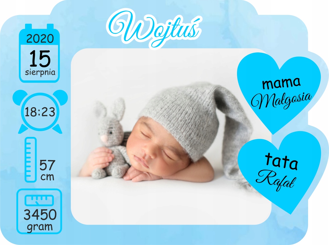 FOTO-MAGNES Metryczka Podziękowanie dla gości na Chrzest Roczek Urodziny Przeznaczenie dla gości