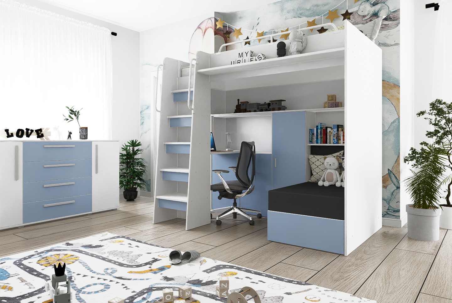 Łóżko piętrowe JSM7 z sofą i biurkiem biały matowy Typ łóżko piętrowe