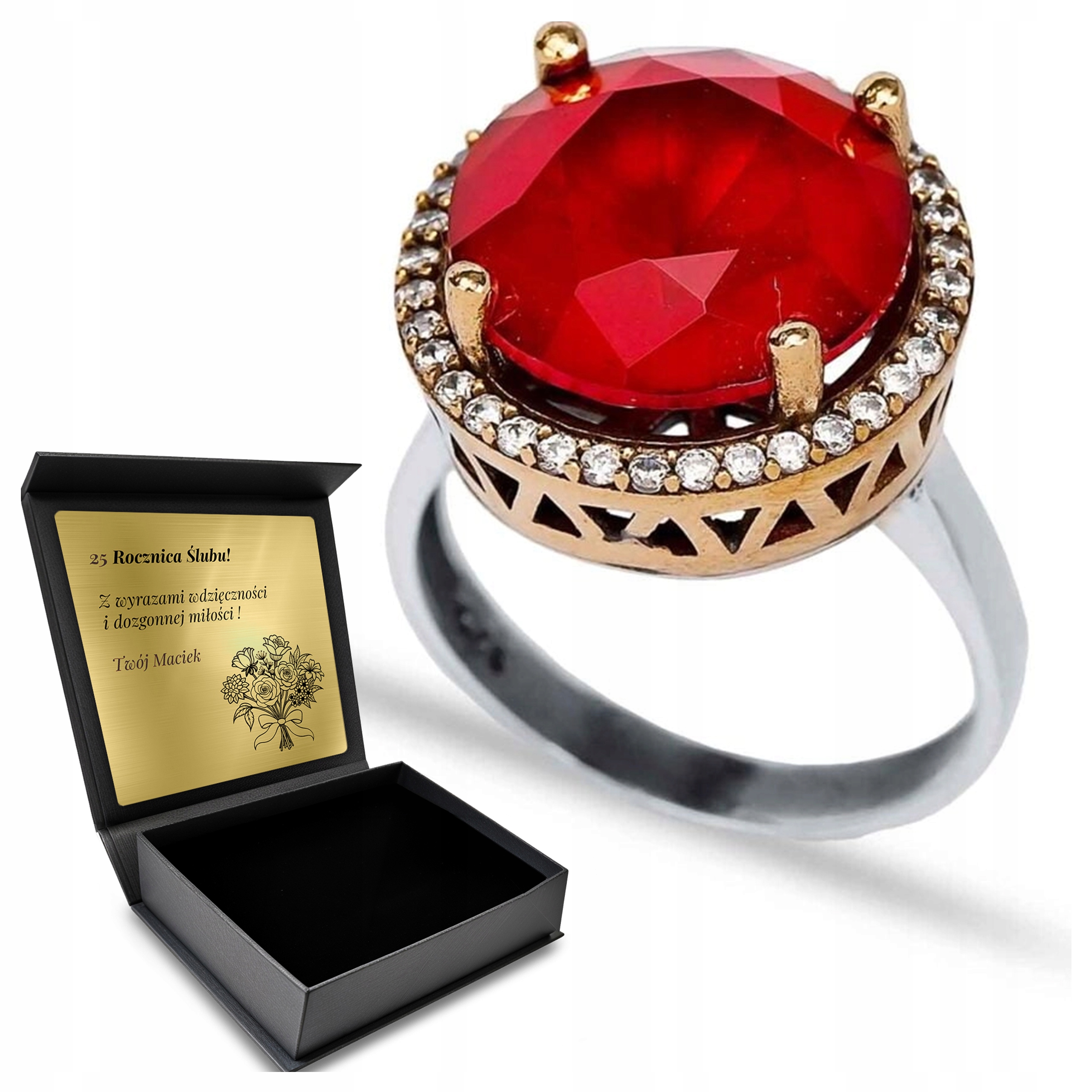 Prstýnek 925 Zirkony Rubín Dárek na Valentýna Gravírování