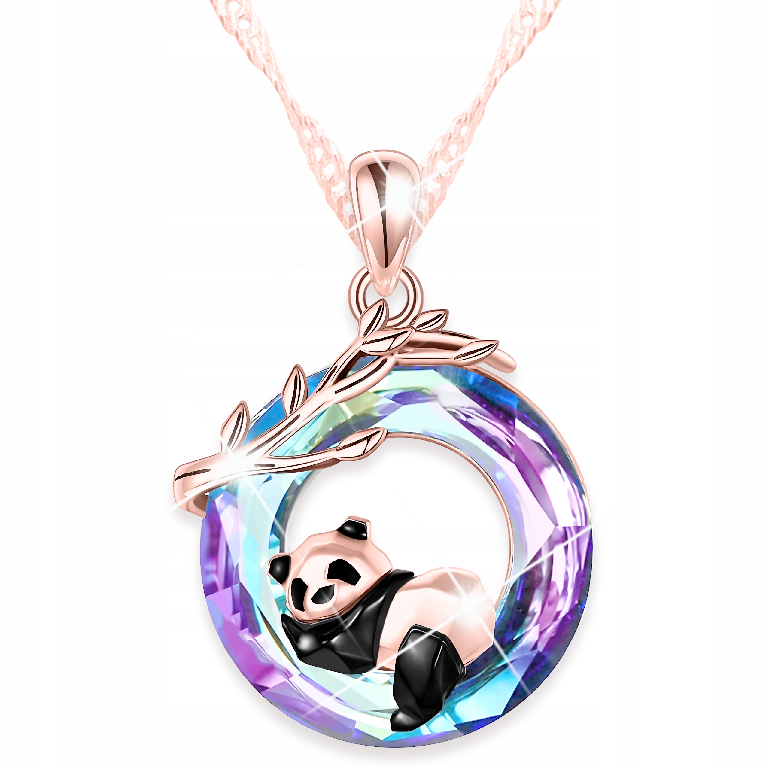 Náhrdelník Pozlacený Modrofialový Křišťál s Pandou Větvička Stříbro 925