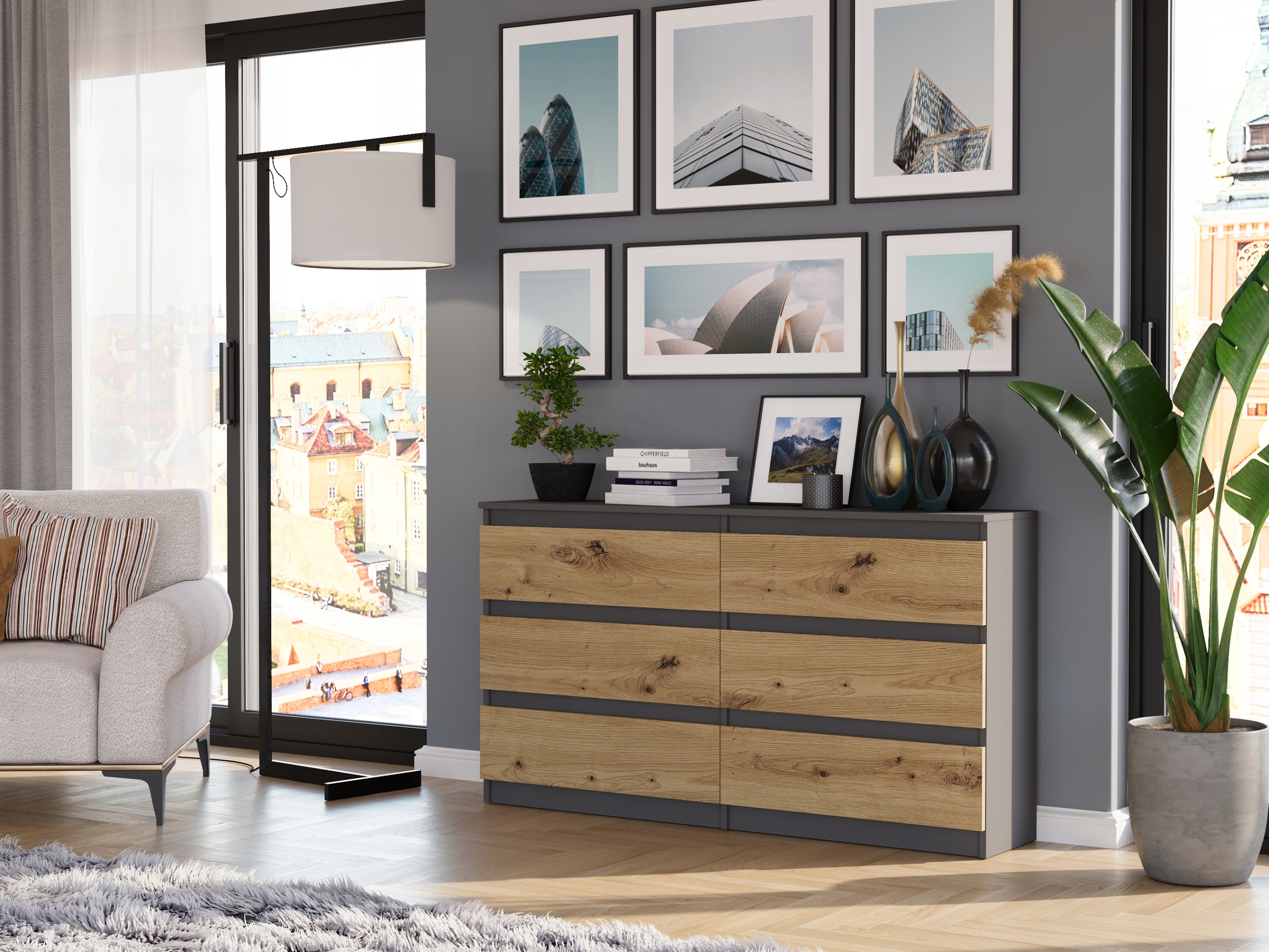 KOMODA 140 CM SZAFKA 6 SZUFLAD PRODUCENT PL R-140 ANTRACYT MIX ARTISAN