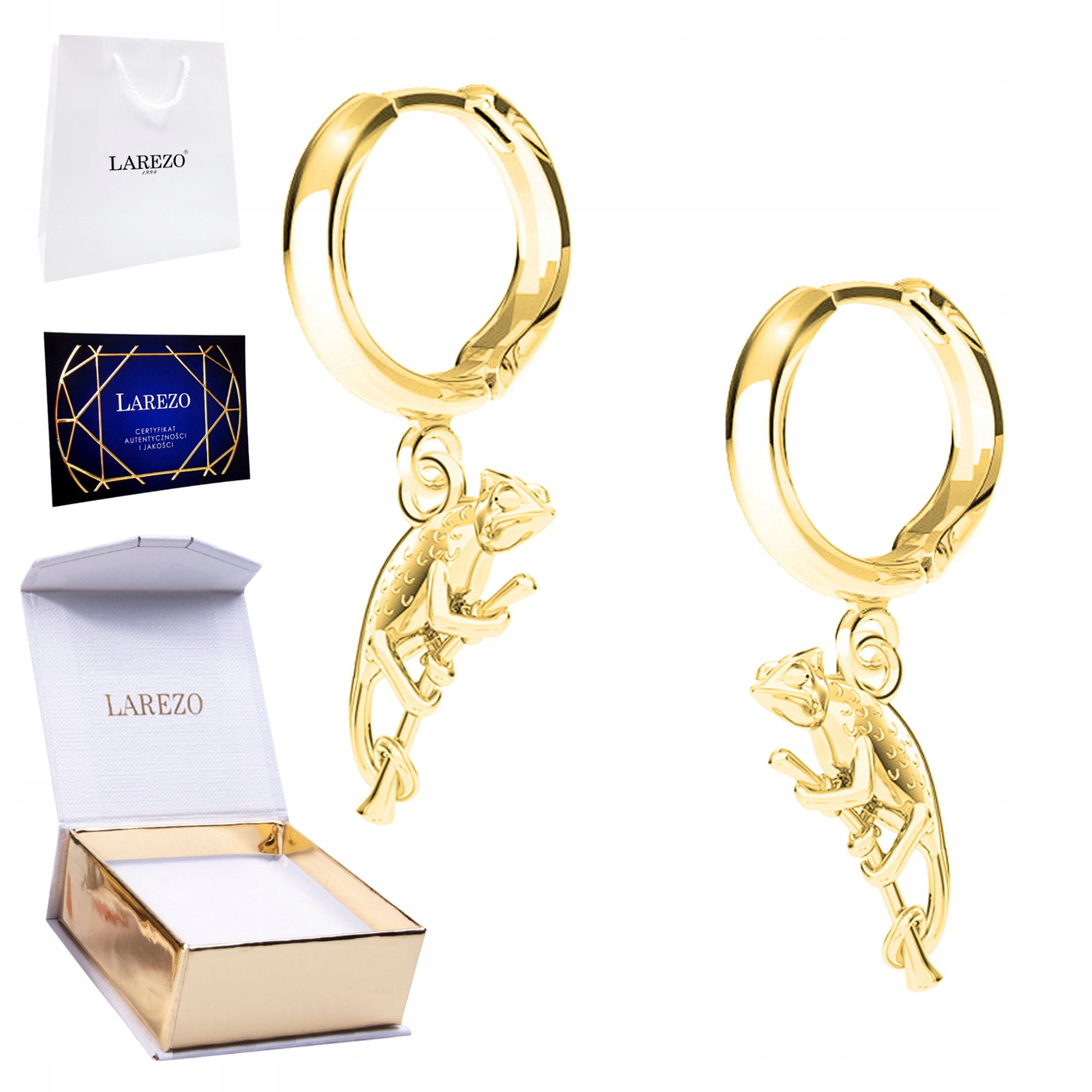 Zlaté Náušnice 925 Chameleoni s chameleonem Kameleon Ještěrka Pozlacené 24K