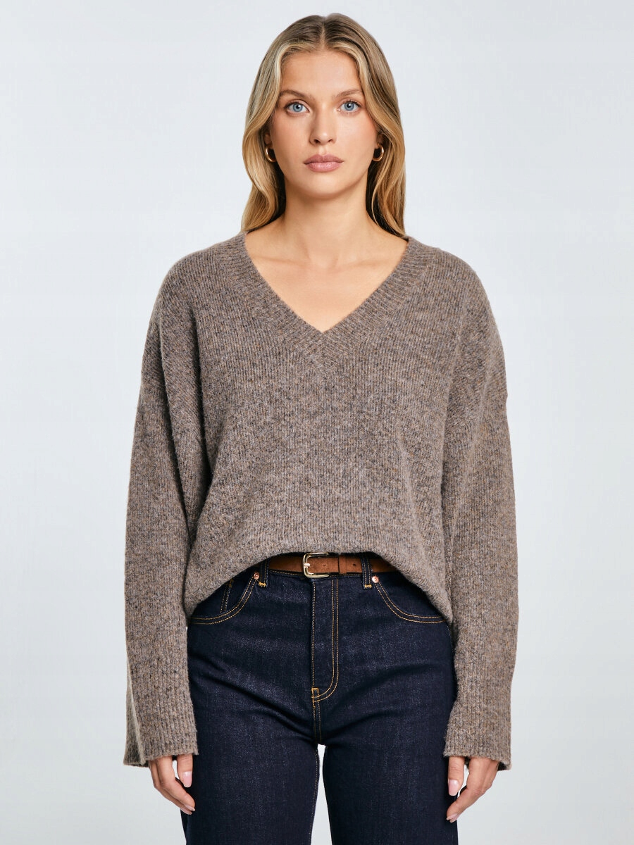 Big Star Dámský svetr v-neck s příměsí vlny, hnědý, Violina 804 S/m