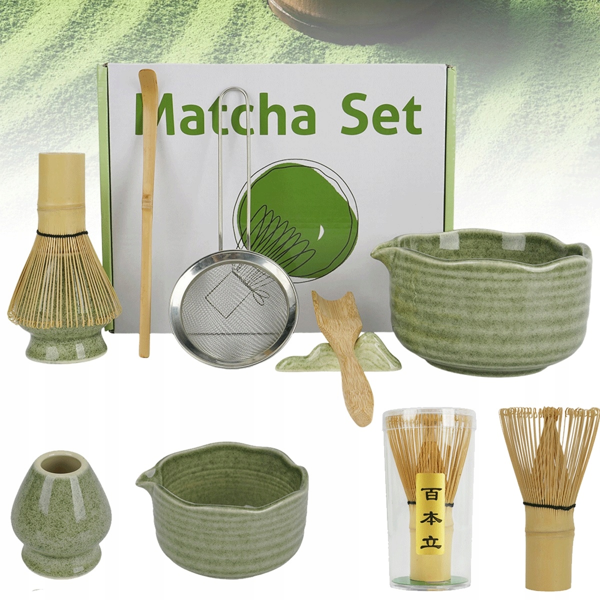 Levně Keramická sada pro matcha 7 dílů s miskou 500 ml a zeleným sítkem