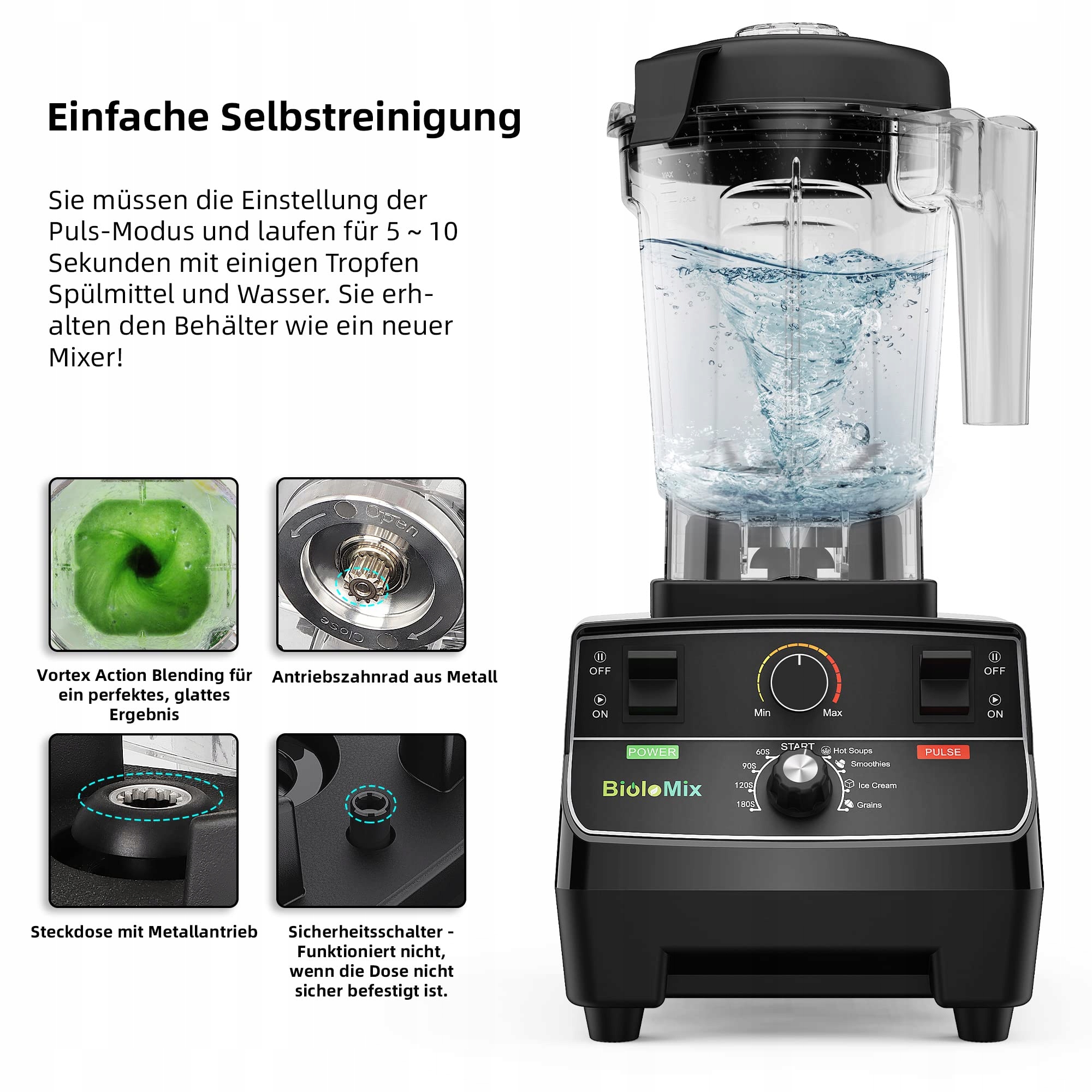 BIOLOMIX Blender Wysokiej Mocy 2200W 2L i 600ml BPA Free Samoczyszczący — miniatura 4