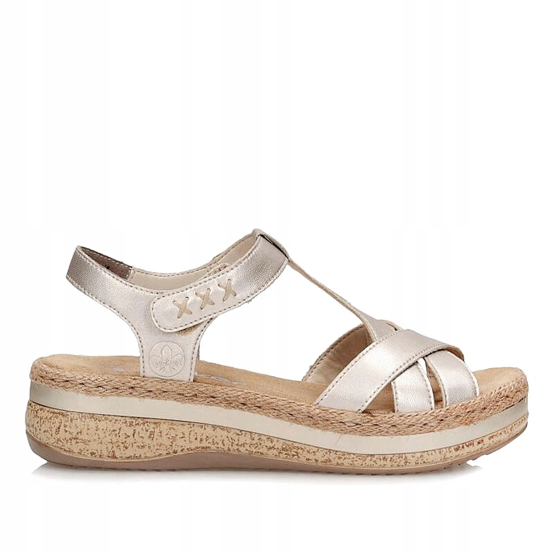 Dámské sandály Rieker V0919-90 zlaté, zlaté na platformě na suchý zip