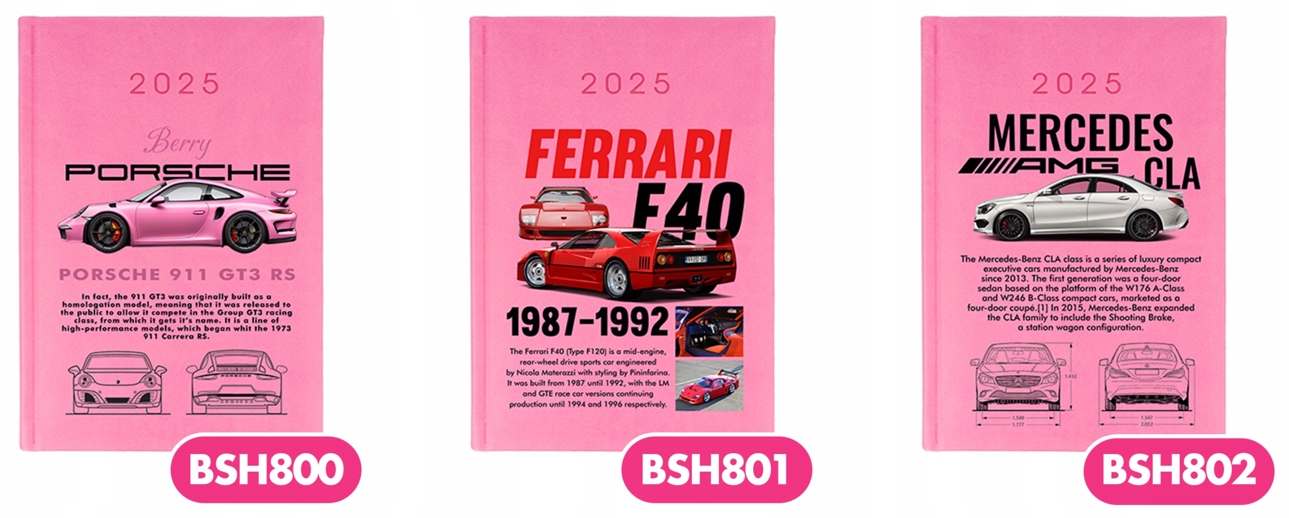 KALENDARZ A5 2025 Różowy Planer Na Prezent Samochody PORSCHE Berry Wzory Rozmiar A5