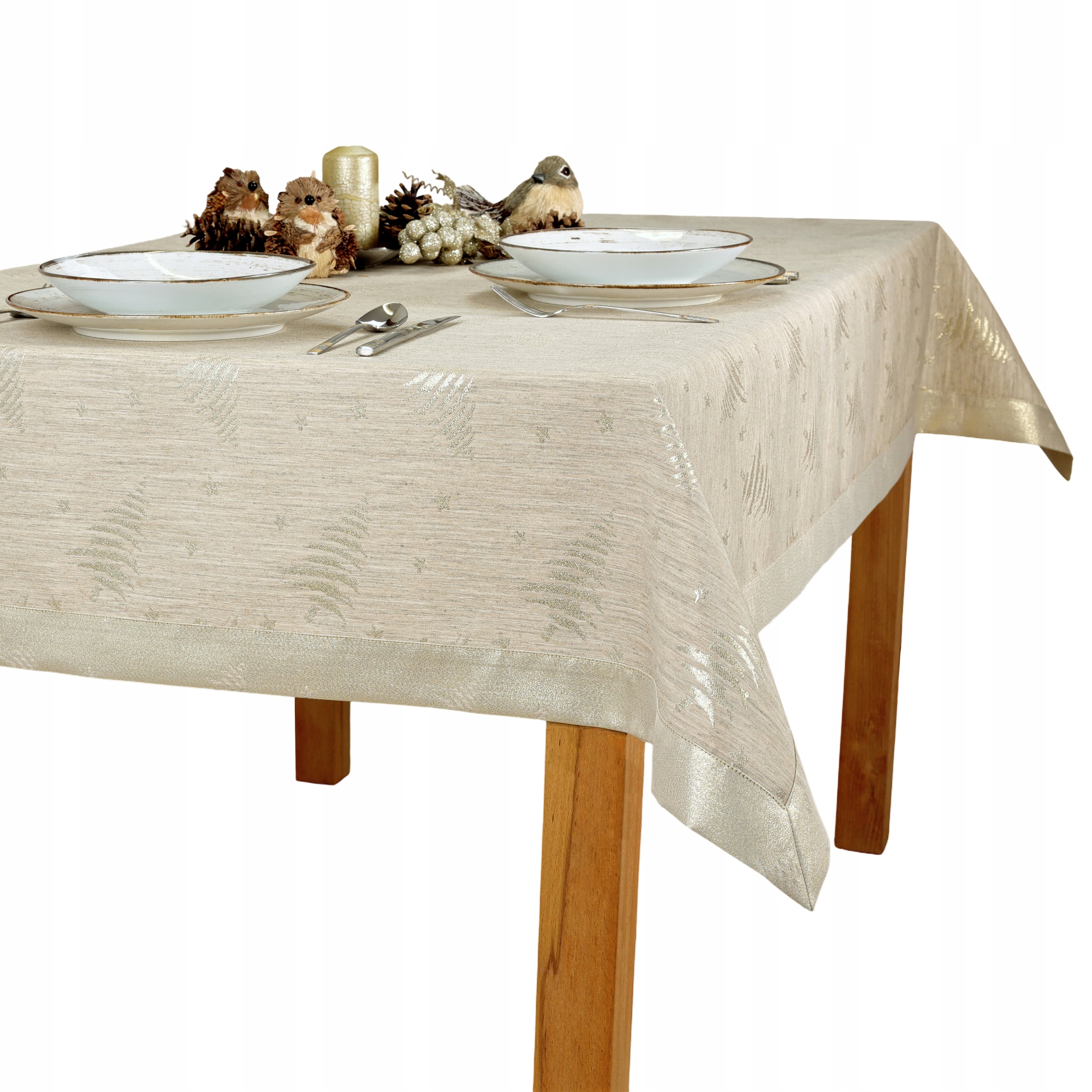Elegantní vánoční ubrus odolný proti skvrnám, zlaté vánoční stromky a hvězdičky, 120 x 420 cm