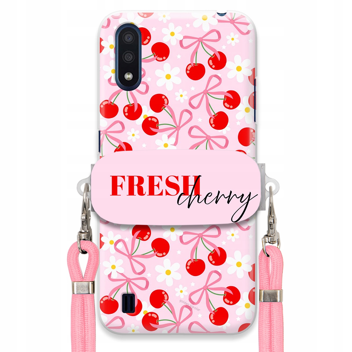 Pouzdro pro Samsung M01 Case Držák Šňůrka Růžová Fresh Cherry Kokardy