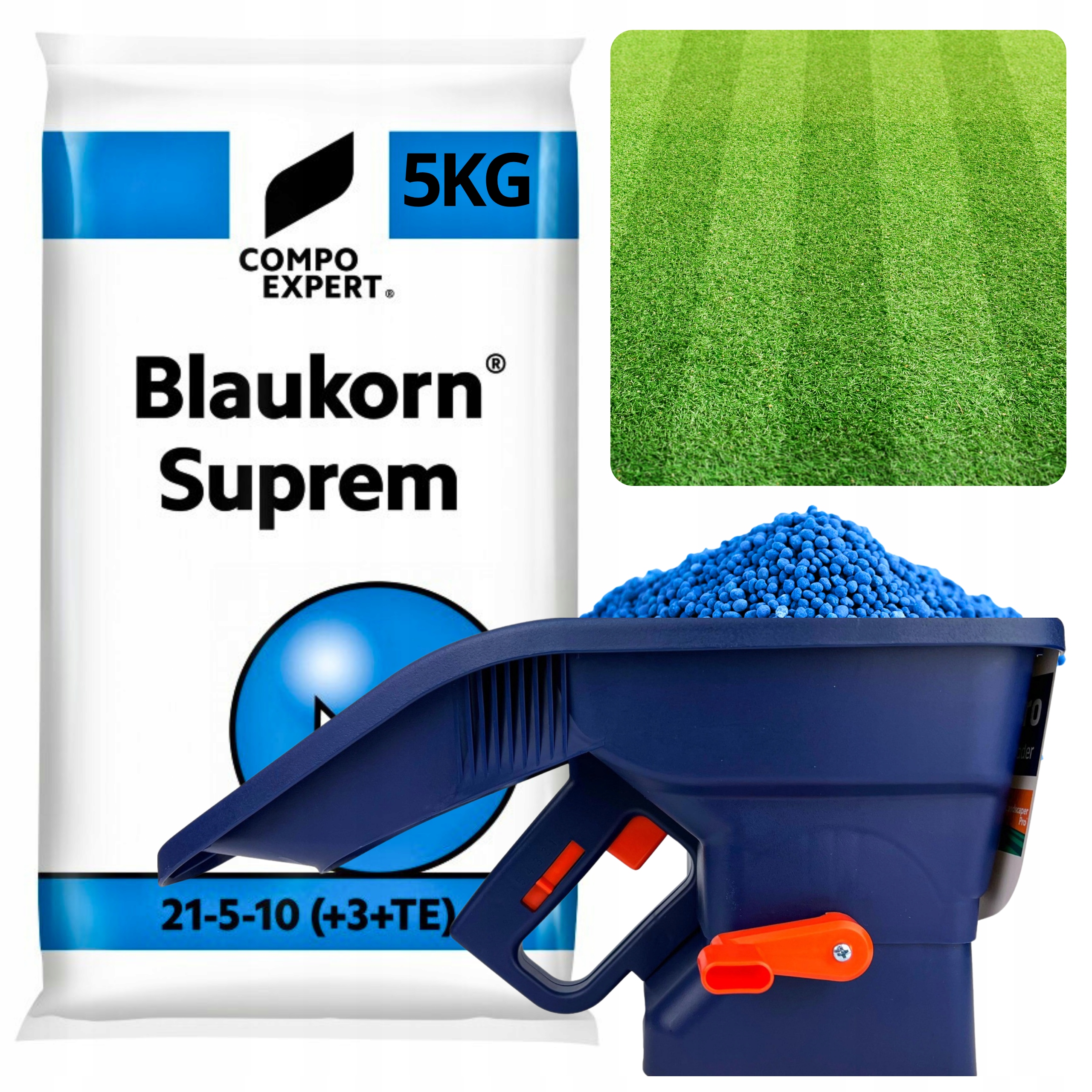 Nawóz Do Trawnika+siewnik Blaukorn Suprem 5KG Regeneracja Trawy Npk 21-5-10