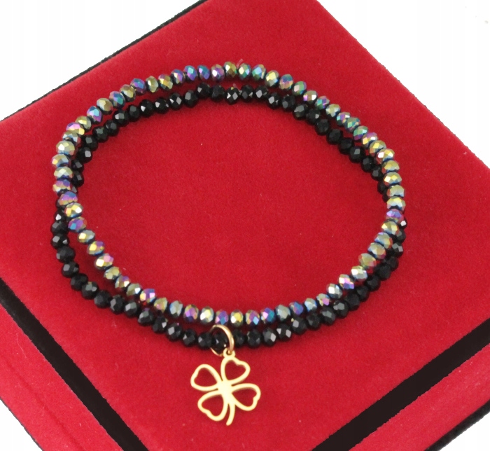 

Bransoletka Koraliki Czarne Holo Koniczynka Stal