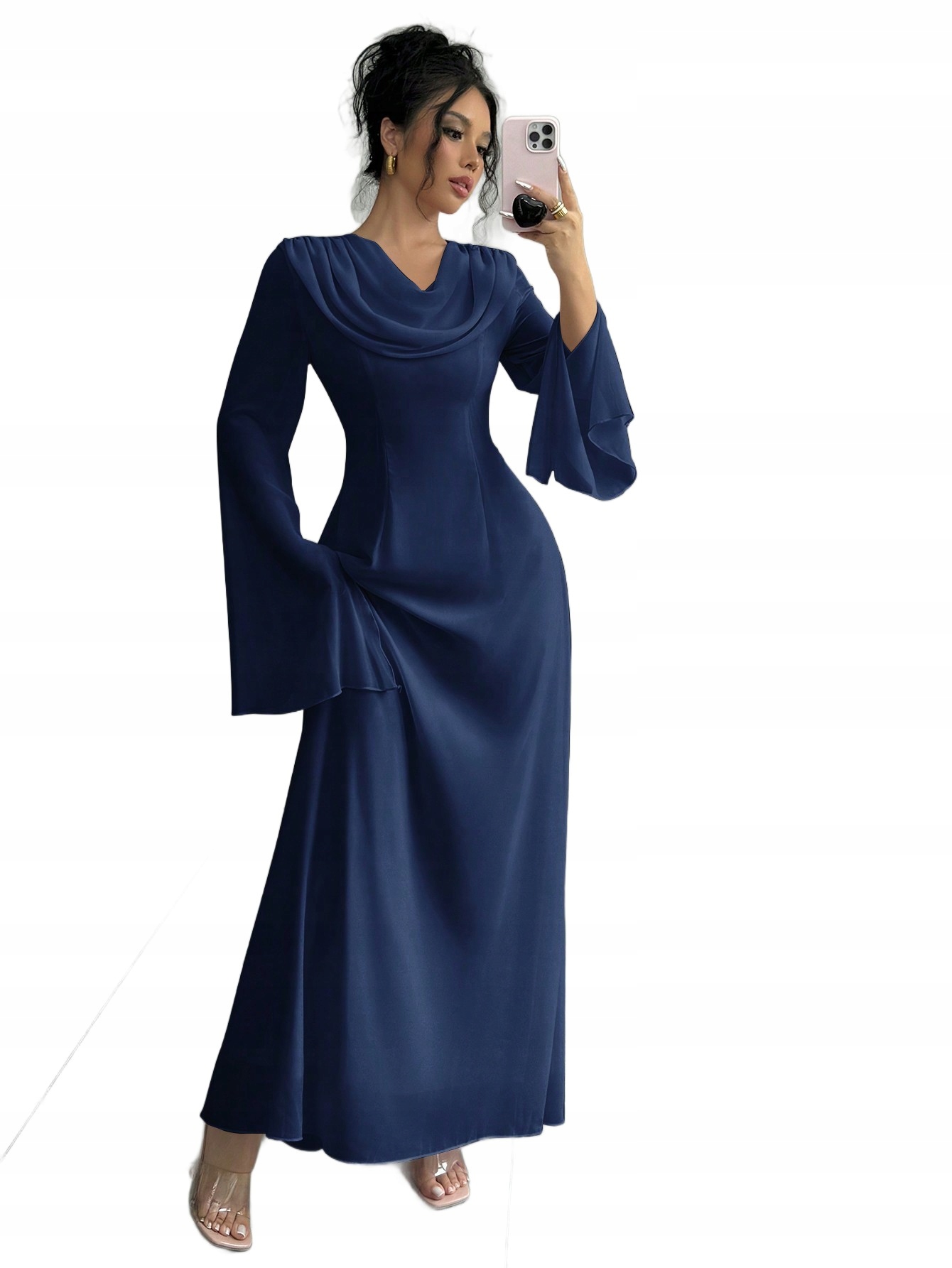 Tmavě Modrá Šaty Maxi Elegantní S Vráskami A Dlouhým Rukávem, Velikost XL 1LA
