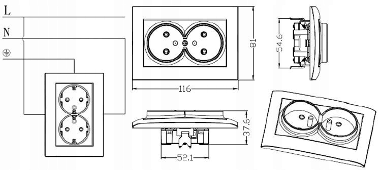 WESA LC-16 GNIAZDO PODWÓJNE Z UZIEMIENIEM GNIAZDKO Rodzaj gniazda ścienne