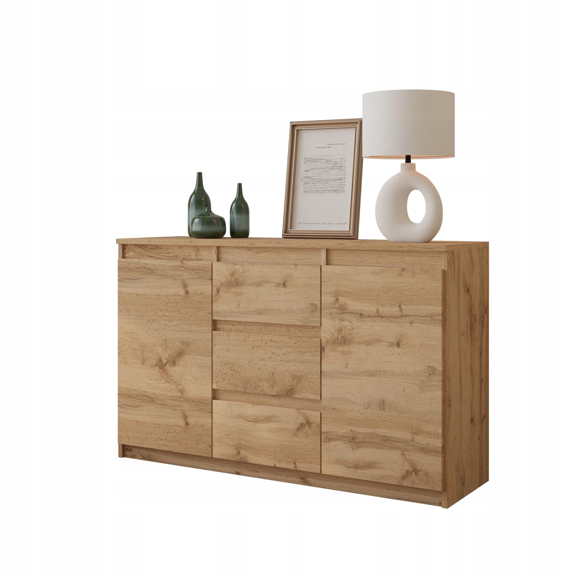 Komoda 120 CM Dąb Wotan 3 Szuflady, 2 Drzwi, 2 Półki Salon