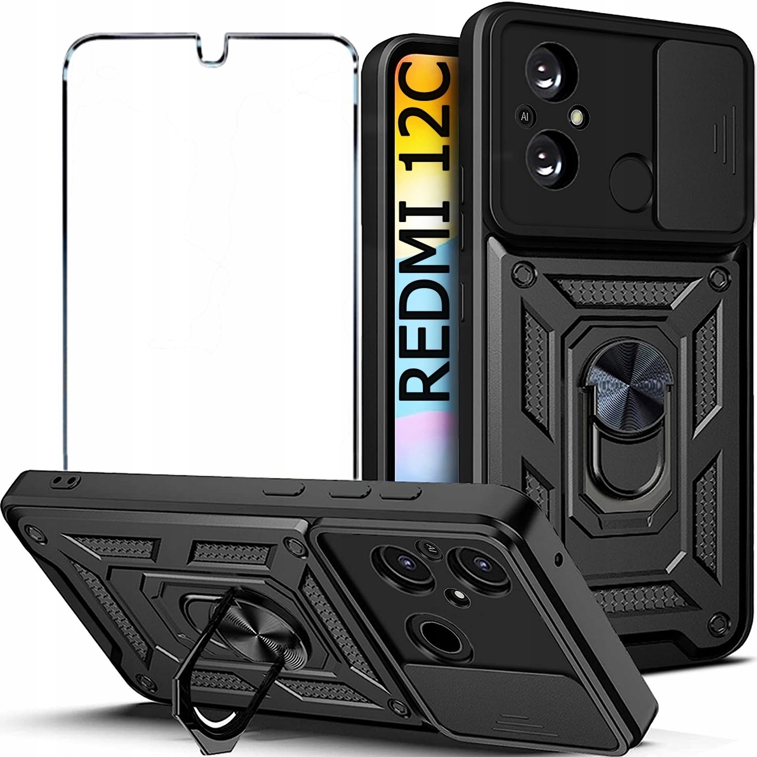 

Etui Pancerne Ring do Xiaomi Redmi 12C |+szkło