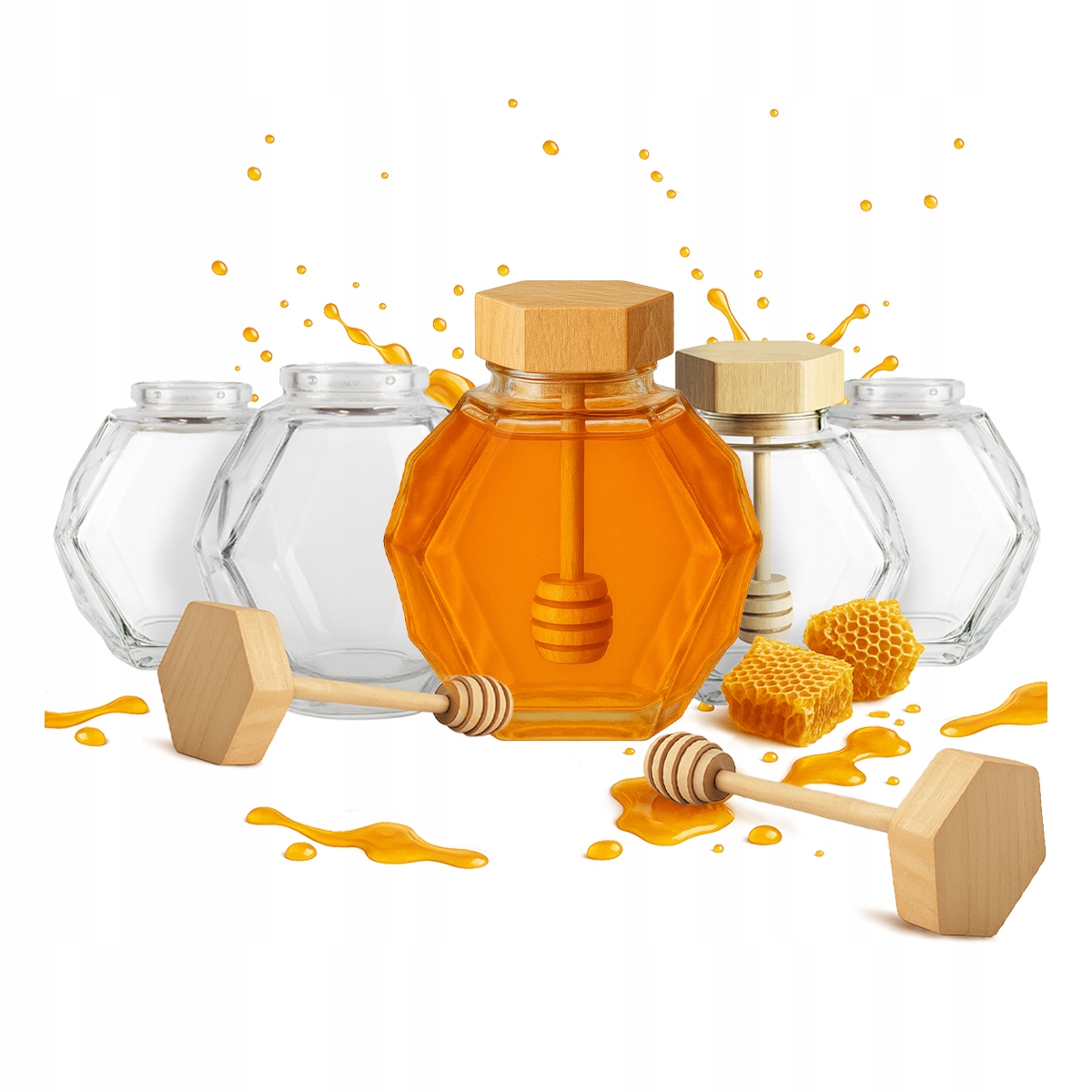 20 x Skleněná Zavařovací Sklenice Maja 380 ml na med Hexagon s dřevěným víkem a lžící