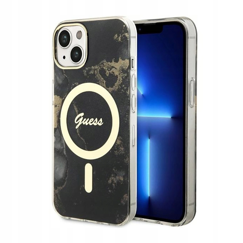 Guess Golden Marble MagSafe – Pouzdro pro iPhone 14 (Černé)