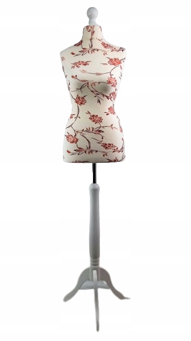 Krejčovská figurína 38 M ecru floristický vzor květiny stojan bílé dřevo