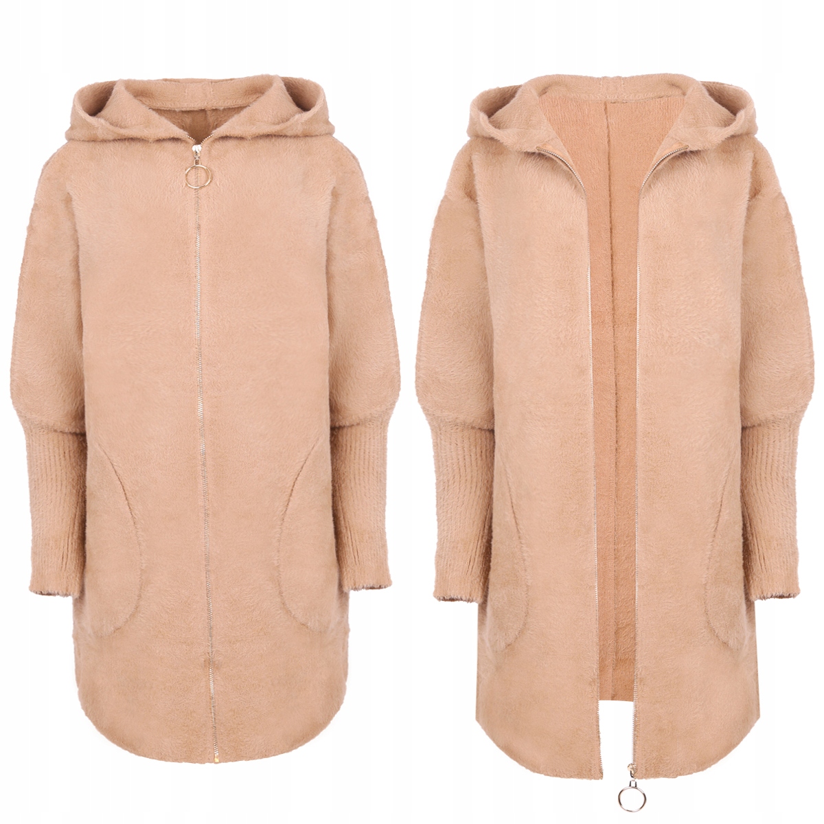 Płaszcz Alpaka Kurtka Zamek Wełna Suwak Jasny Camel