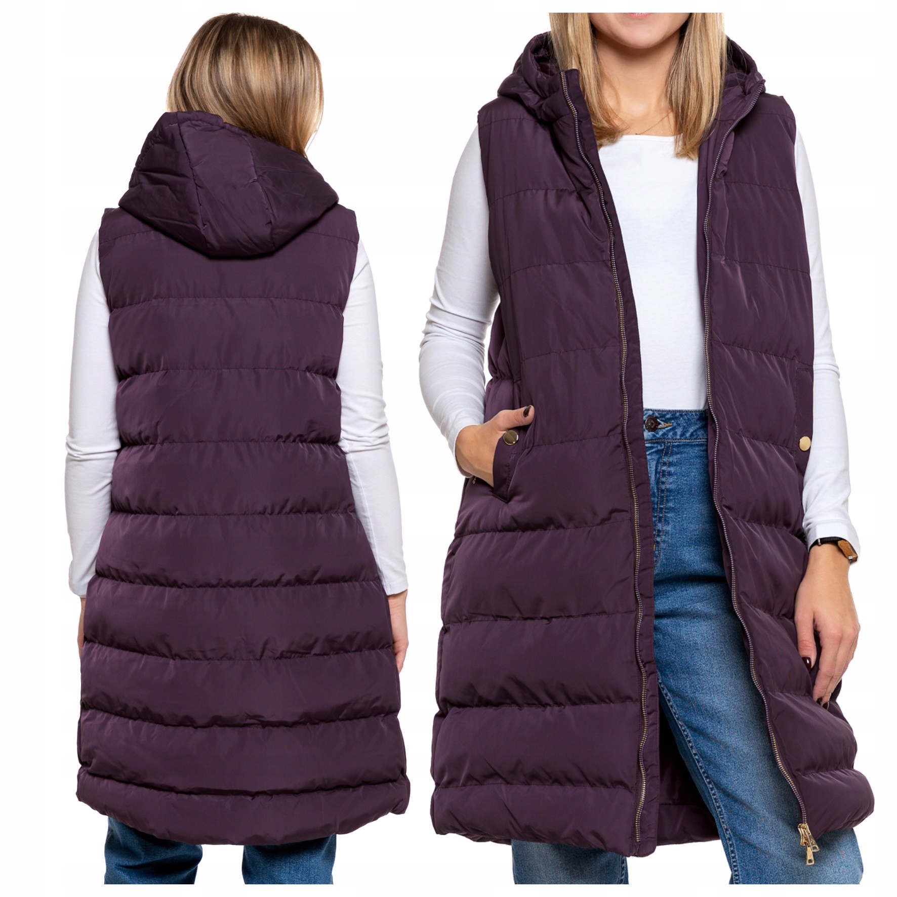 Dámská Vesta Vesta Dlouhá Kapuce Kapsy Moraj Péřová Fialová S
