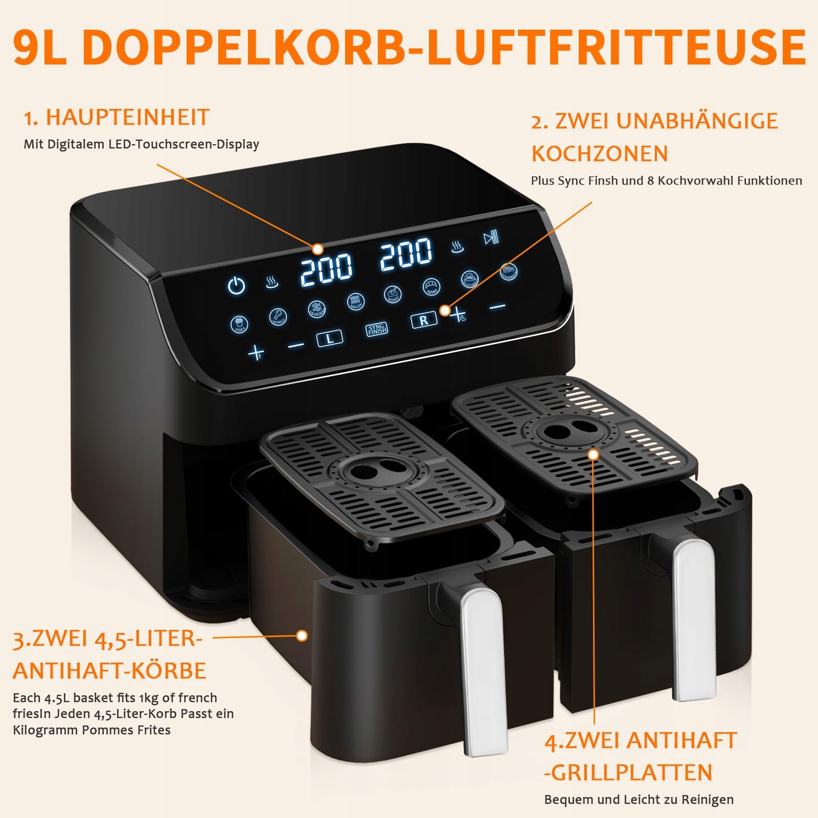 YASHE Podwójna Frytkownica Beztłuszczowa 9L XL Cyfrowa Kontrola 8w1 — miniatura 9