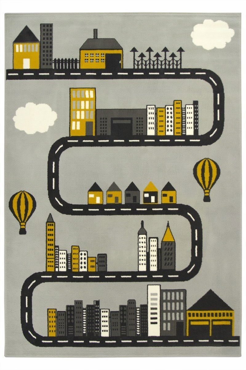 

140x200 cm Dywan Musztardowy Szary Uliczki Domki