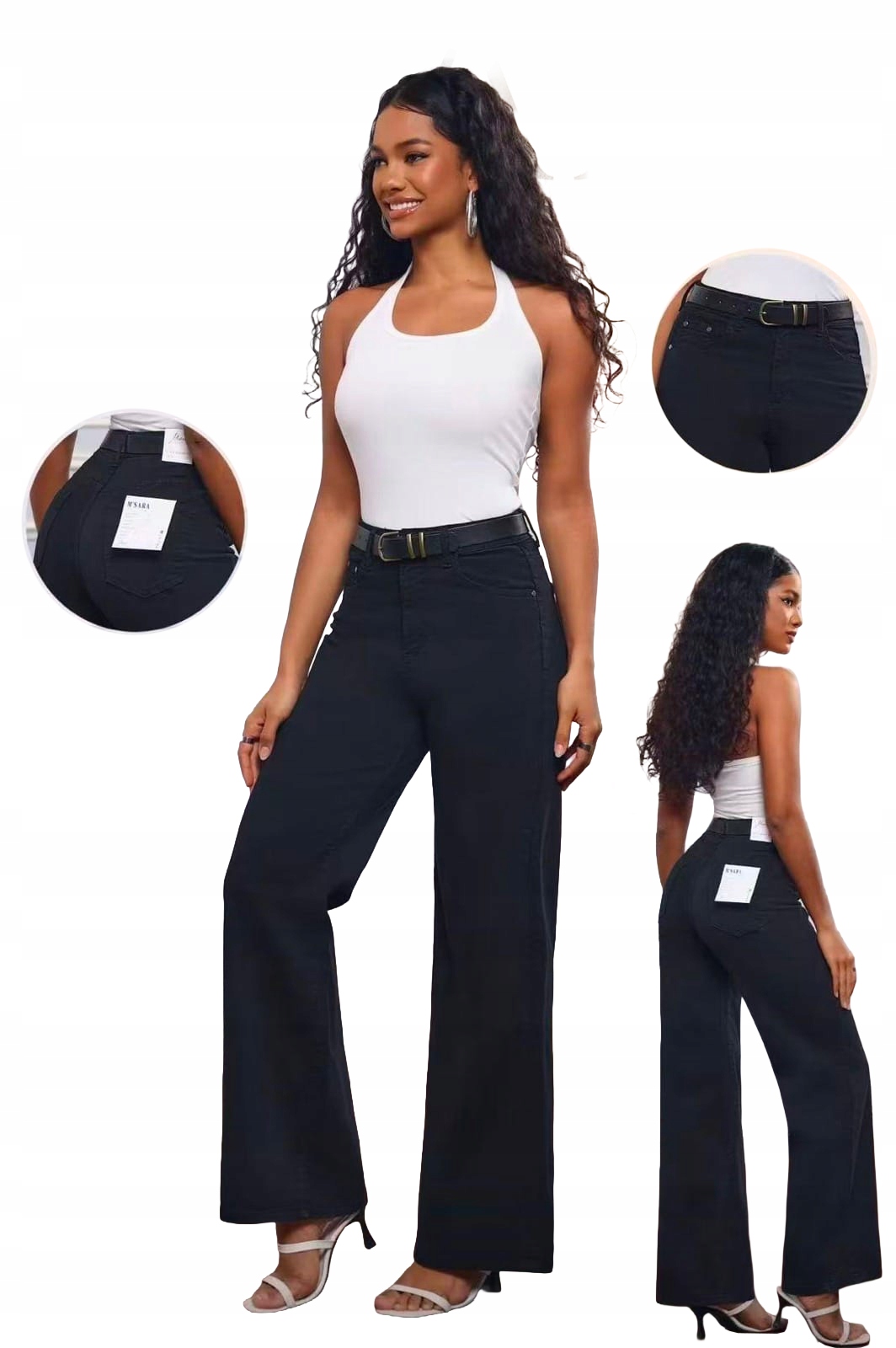 Spodnie Damskie Jeansy Dzwony Szerokie Wide Leg Flare Elastyczne Czarne