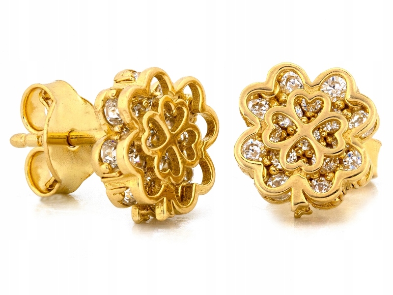 Náušnice zlaté 585 čtyřlístek na tyči, prolamovaný vzor se zirkony, dárek