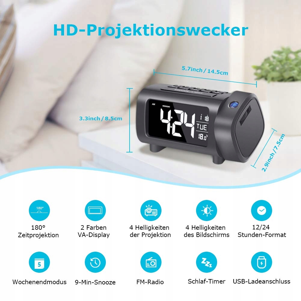 BUDZIK ZEGAR VA Z PROJEKCJĄ ALARM DST PROJEKTOR Kolor czarny