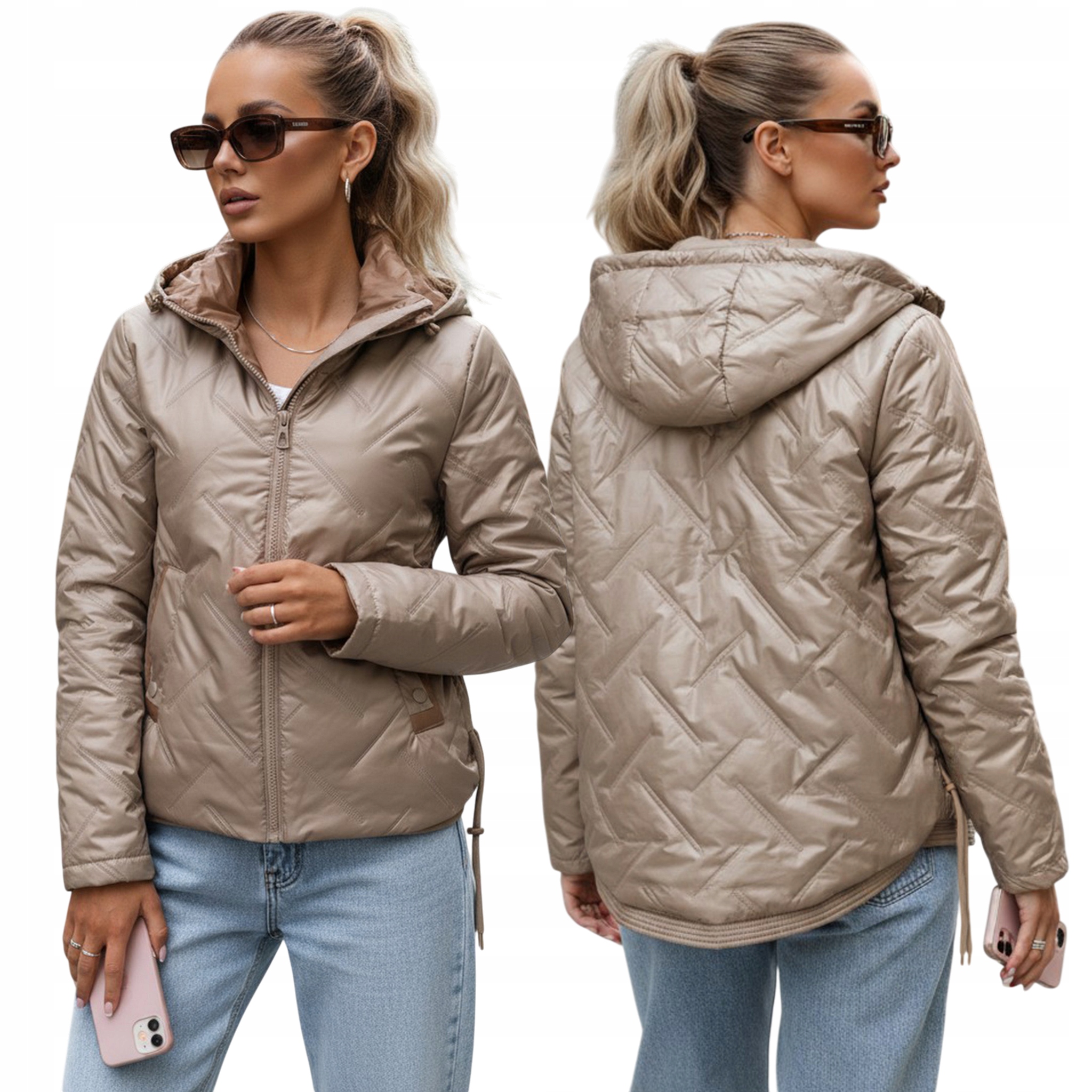 Lekko ocieplana kurtka damska pikowana z kapturem taupe TY5633 XXL