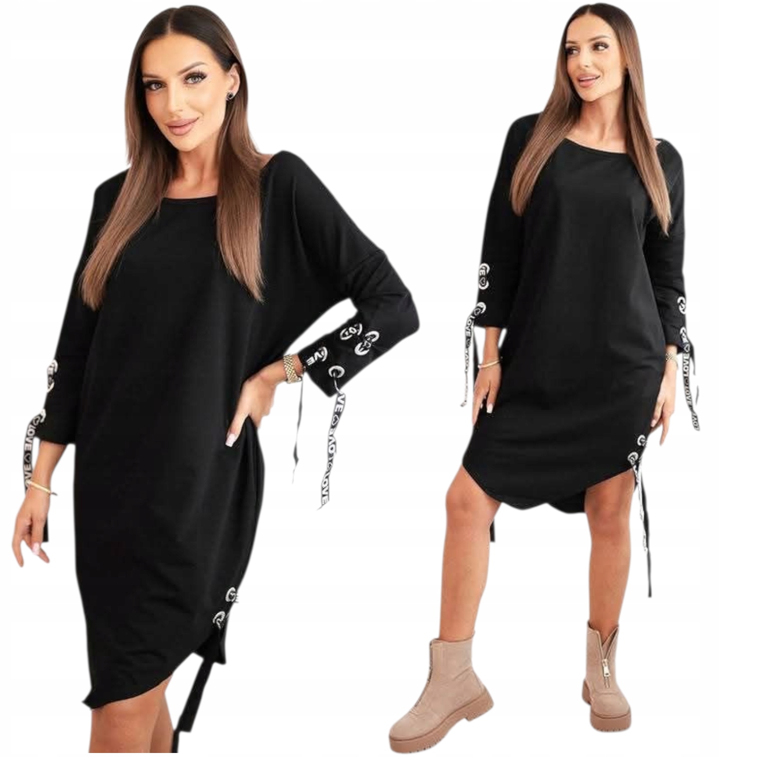 Sukienka damska asymetryczna z ozdobnymi taśmami i rękawem 3/4 oversize