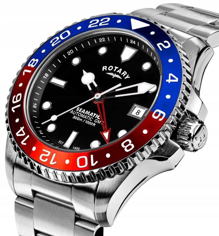 Zegarek Męski Rotary Automat Z Gmt Profesjonalny Diver 300M Szafir 42mm