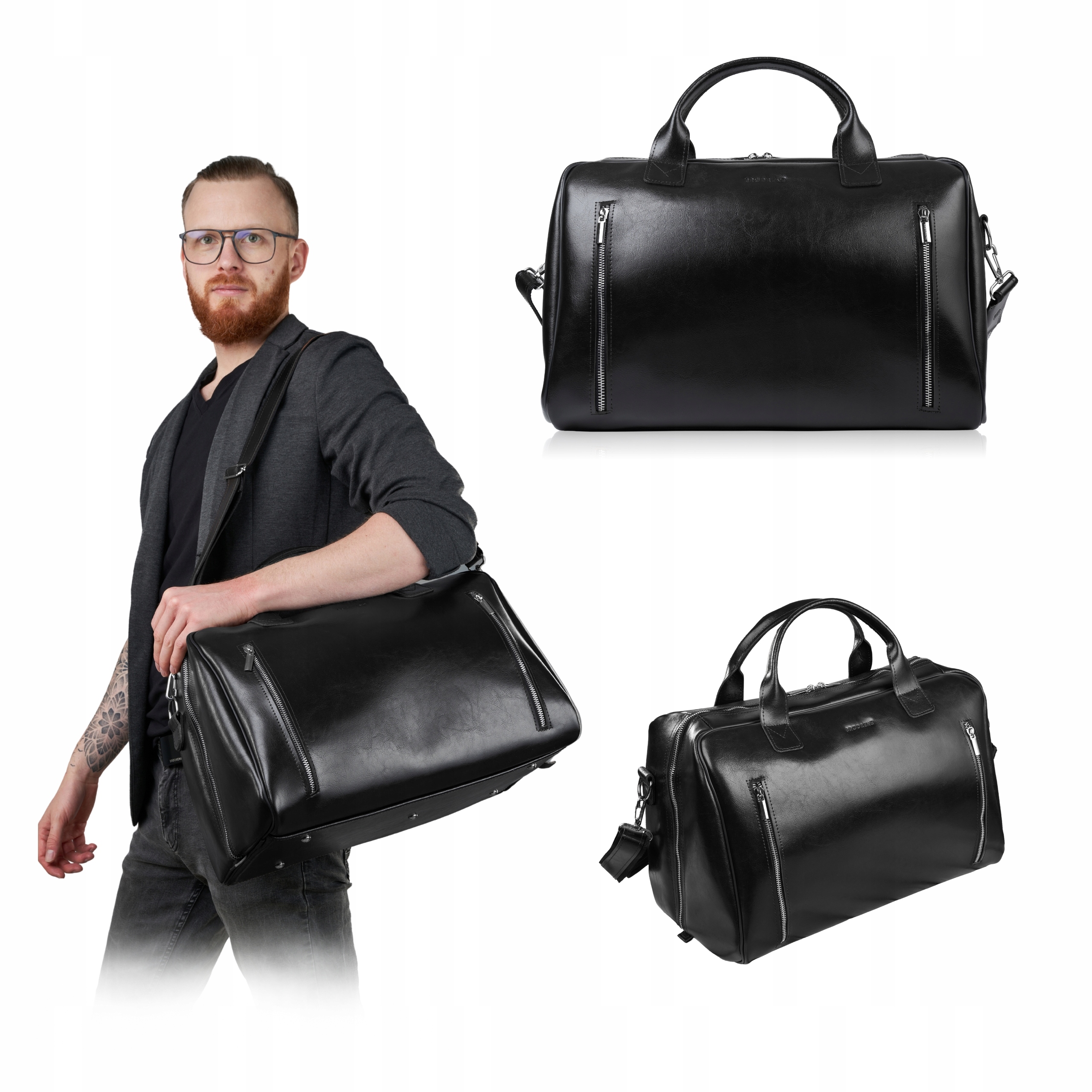 Torba Podróżna Skórzana Czarna Podróżna Bodrene na Ramię Weekendowa