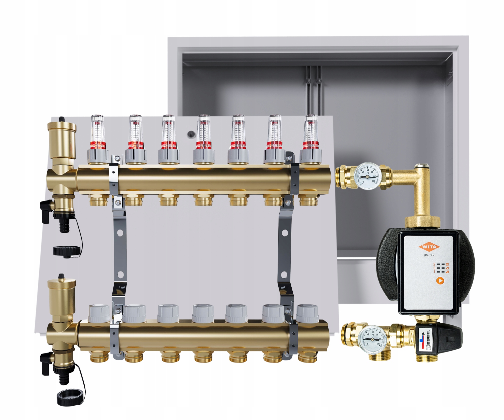 Rozdělovač pro podlahu 7 okruhů s skupinou Wita podomítková skříňka