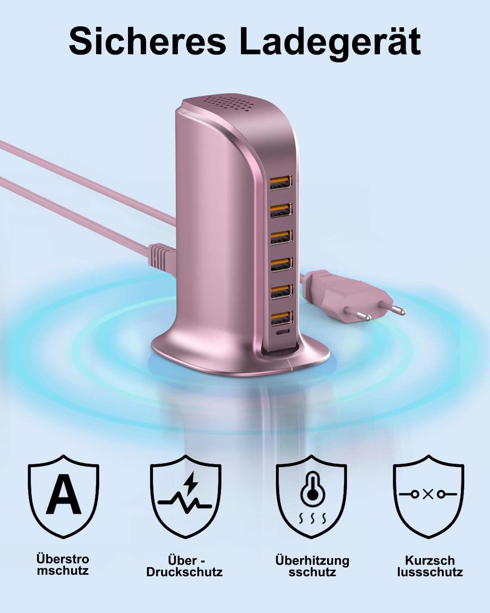 POANES 6-Port USB Ładowarka 50W for iPhone Android Samsung Tablet Różowa — miniatura 6