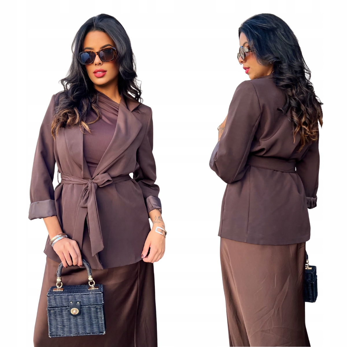 elegantní klasický Sako Becky s páskem v barvě tmavé čokoláda jedna velikost