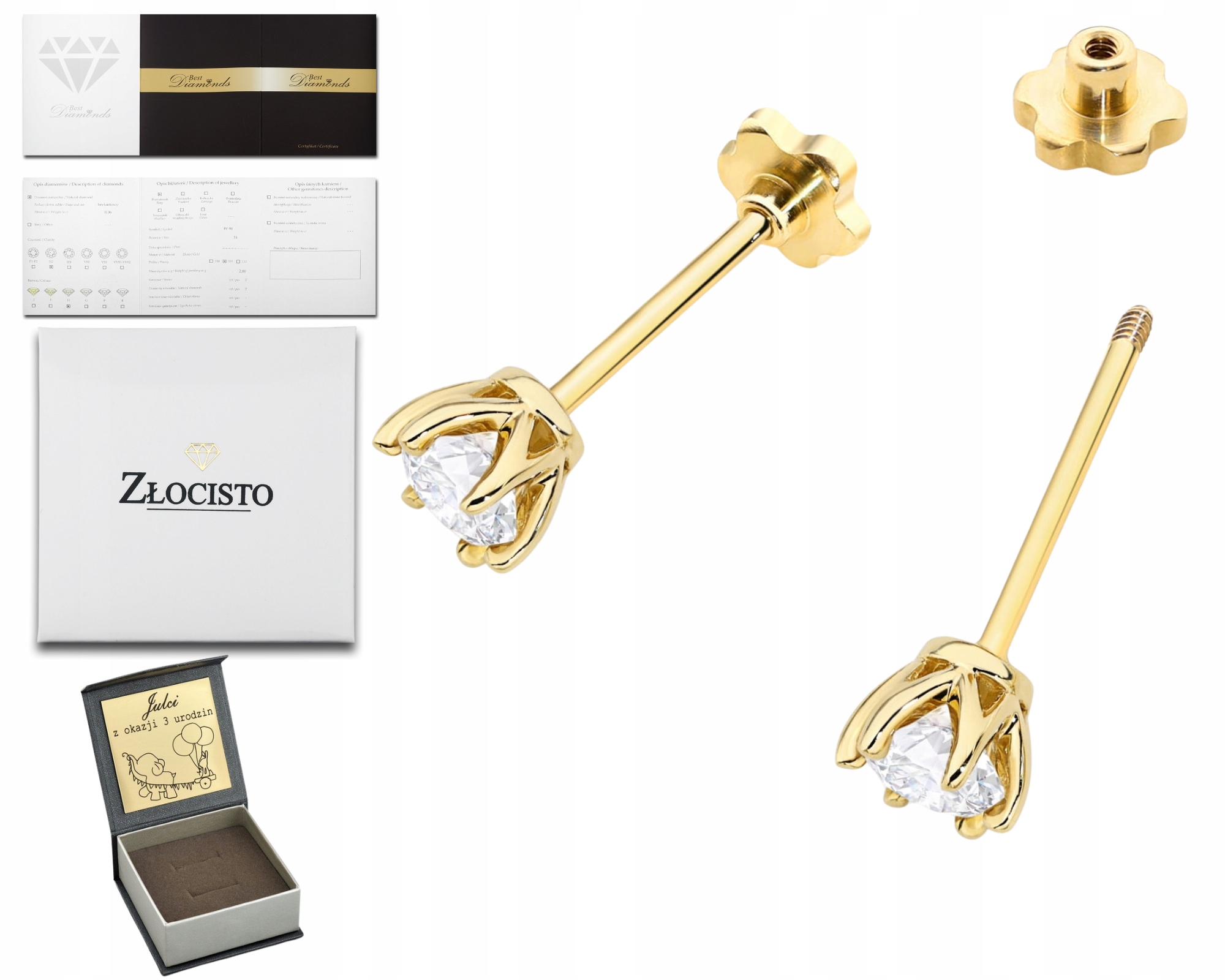 Zlaté Náušnice Šroubovací S Diamantem Lab Zlato 585 Dárek Gravírování
