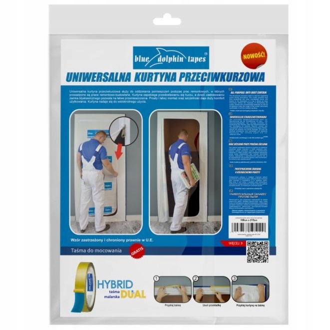 BLUE DOLPHIN KURTYNA PRZECIWKURZOWA REMONTOWA 100x215CM + TAŚMA HYBRID DUAL Stan opakowania oryginalne