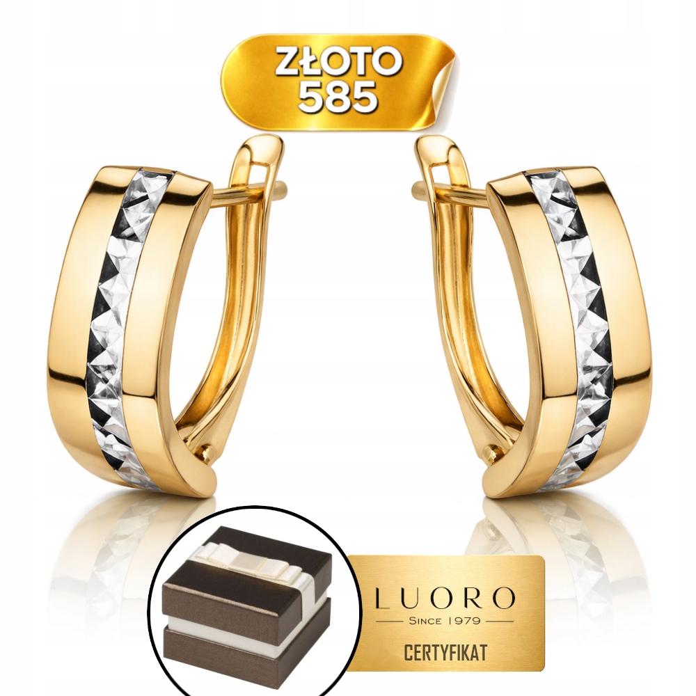 Náušnice Zlaté 585 14K Obdélník Diamantování Hladké Anglické Okraje