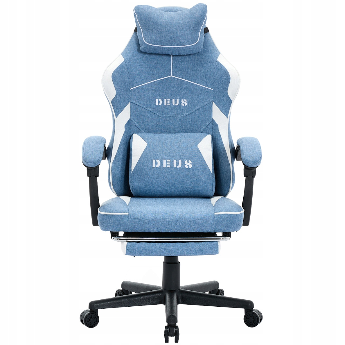 Herné kreslo Deus Edge Light Blue s látkou a výsuvnou podnožkou