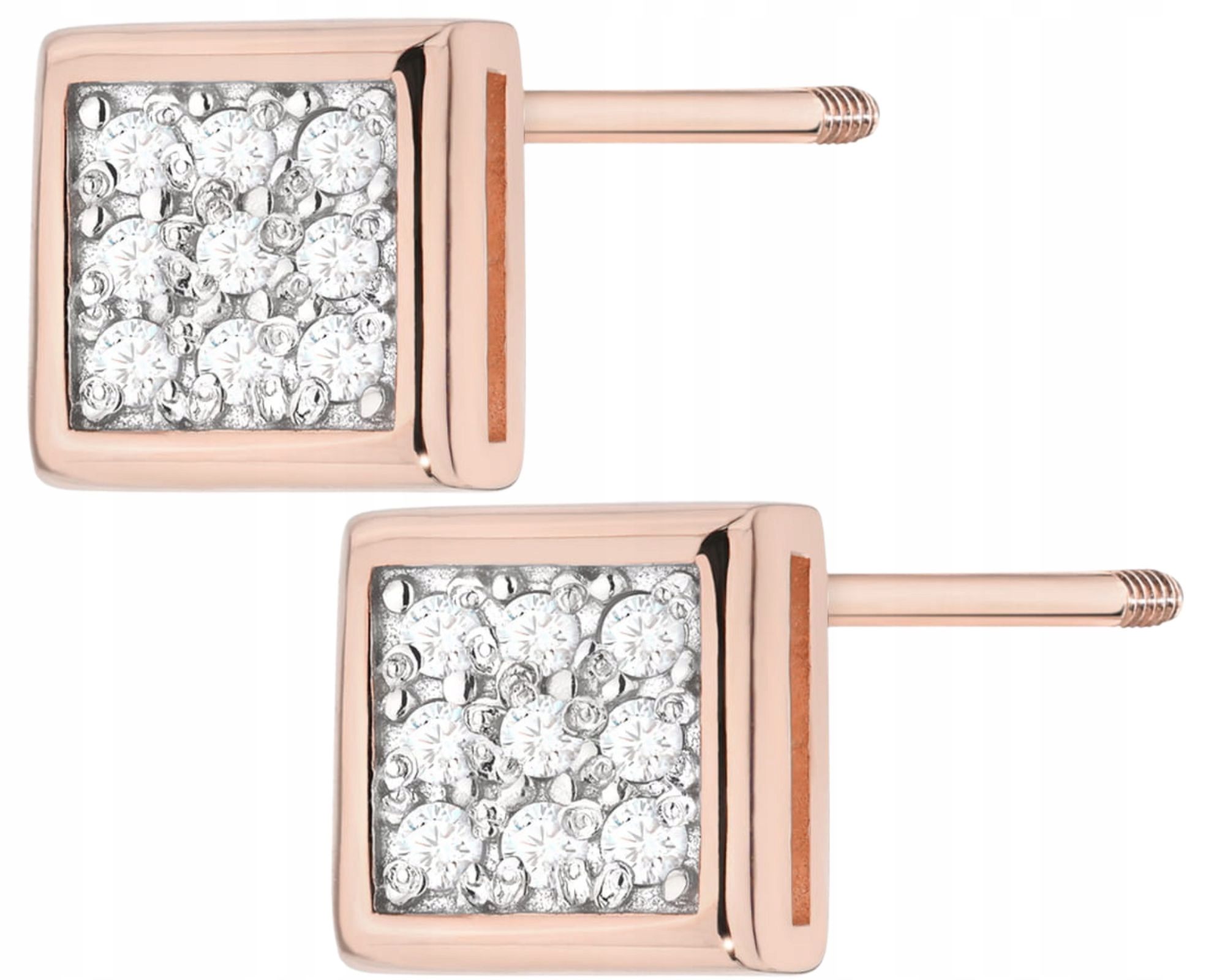 Náušnice Z Růžového Zlata Ve Tvaru Čtverce, Diamanty, Šroubovací Tyčinka
