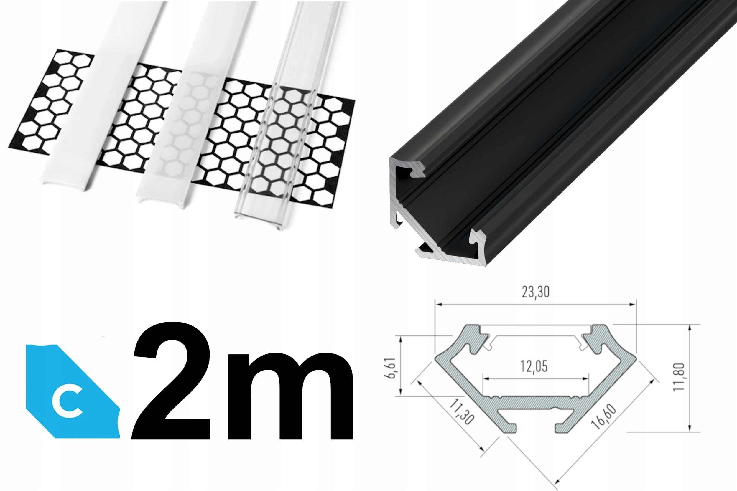 Profil do LED kątowy 45° narożny 2m CZARNY + KLOSZ